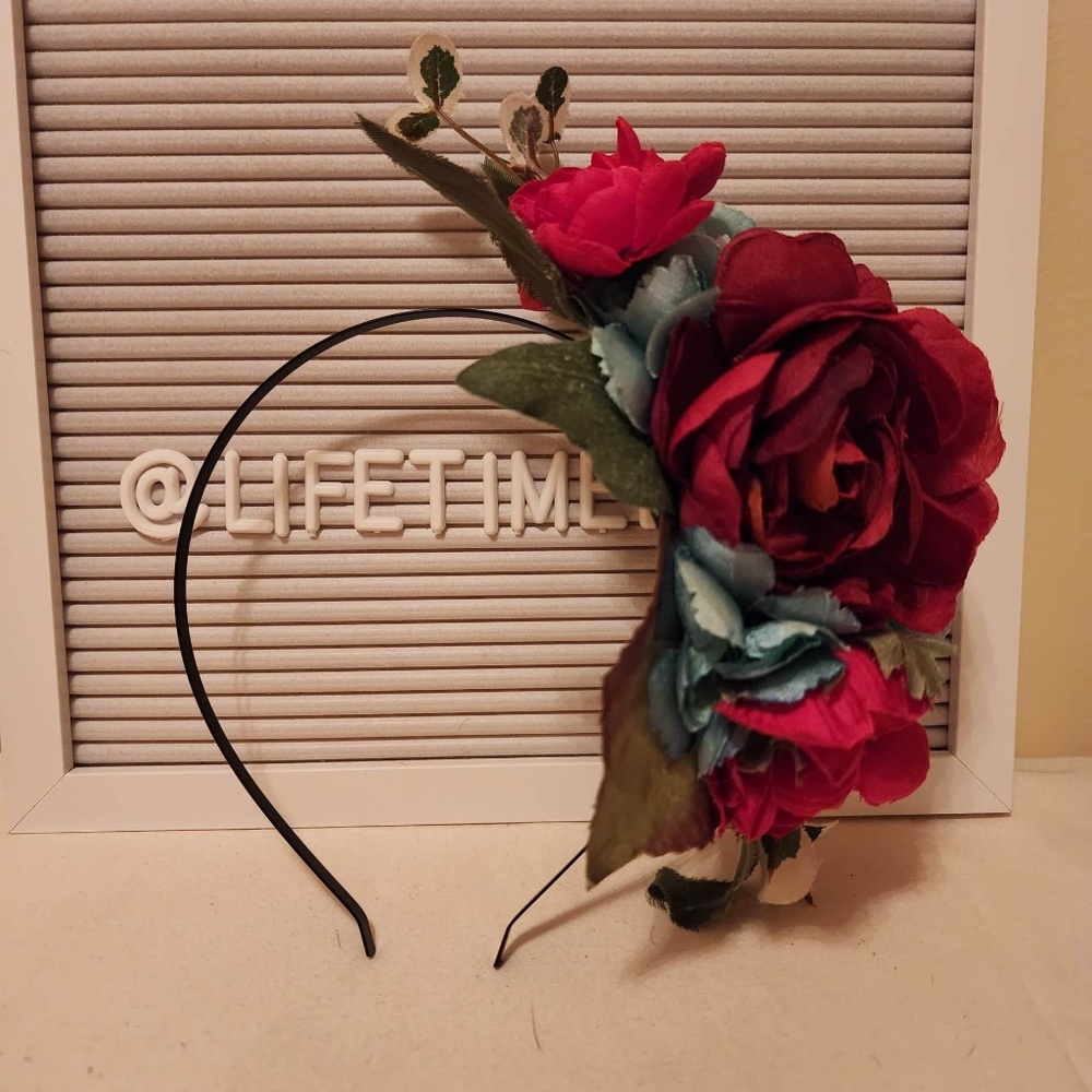 Floral Red Rose/Teal Flowers & Greenery Handmade Headband
